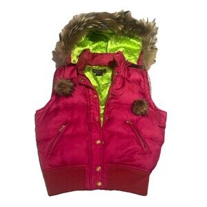 VTG Roca Wear Women's Puffer Vest Faux Fur Hood Zip Pink Sleeveless Jacket LG